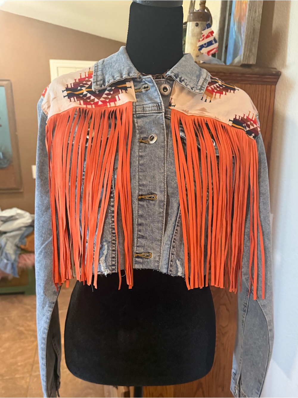Cropped Denim Jacket with Orange Fringe and Embroidered Yoke